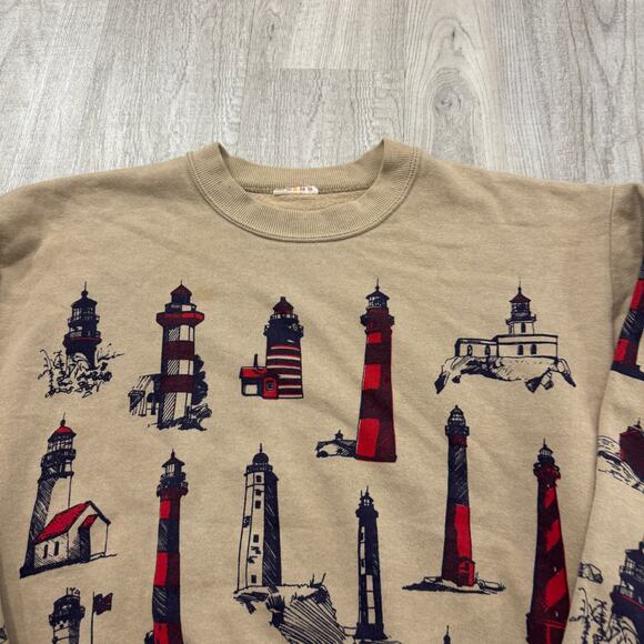 Vintage Michigan Lighthouses Sweatshirt Men's Medium Brown 90s Crewneck Lake - Picture 3 of 6